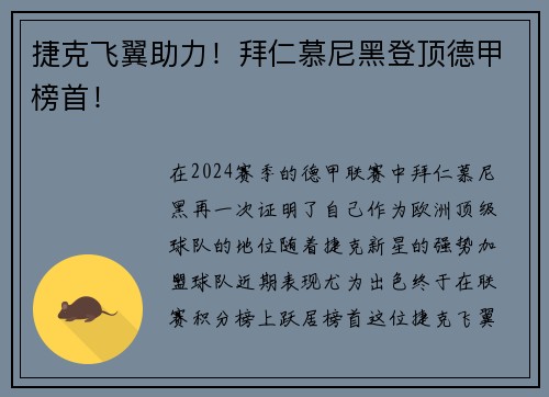捷克飞翼助力！拜仁慕尼黑登顶德甲榜首！