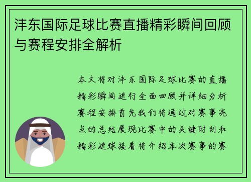 沣东国际足球比赛直播精彩瞬间回顾与赛程安排全解析
